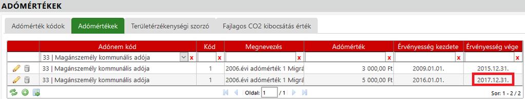 Sikeres rögzítés esetén a táblában megjelenik az érvényességi idő vége: 2.