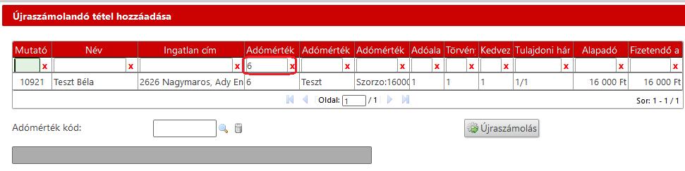 A teszt felületen csak egy tétel adózik ezzel a