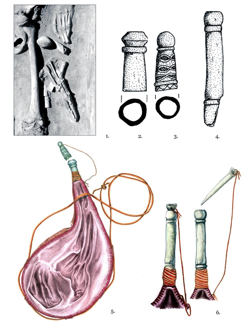 AVAR KORI TÖMLŐVÉGEK 1. tábla: Felgyő-Ürmös-tanya, 108. sír: 1. Sírfotó részlete; 2 4. Tömlővégek; 5 6. Bőrtömlő záródásának rekonstrukciója Pl.