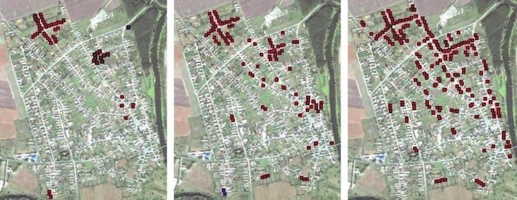 2. ábra: A roma háztartások számának növekedése Kesznyétenben (1970 balra; 1990 középen; 2010 jobbra) (Forrás: Pálóczi Ágnes