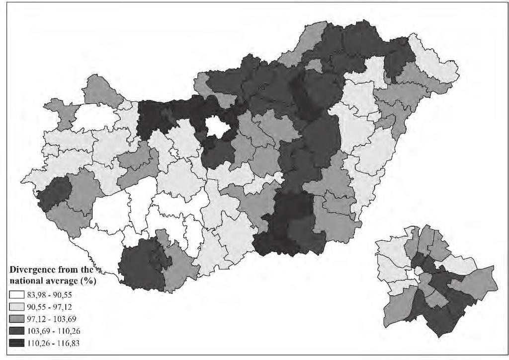 Figure 1: The level of divergence of the Hungarian single-member districts from the national average based on the number of eligible voters in 2014 (Data source: Hungarian National Election Office)