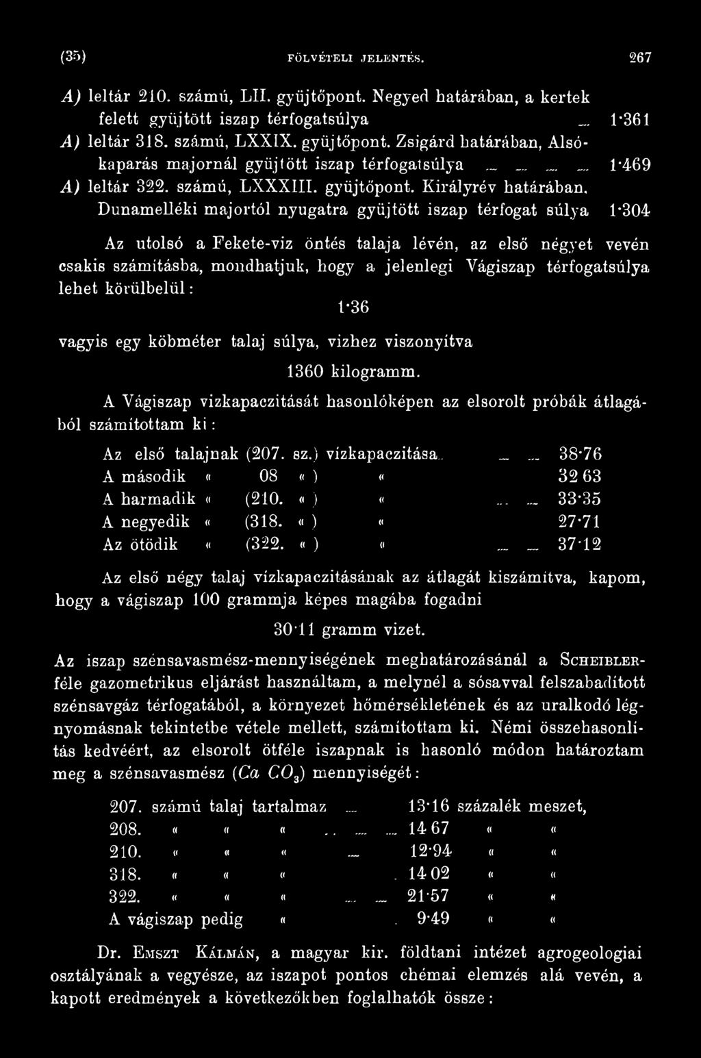 A Yágiszap vizkapaczitását hasonlóképen az elsorolt próbák átlagából számítottam k i: Az első talajnak (207. sz.) vízkapaezitása.. A második ««) «A harmadik «(210. «) <( A negyedik «(318.