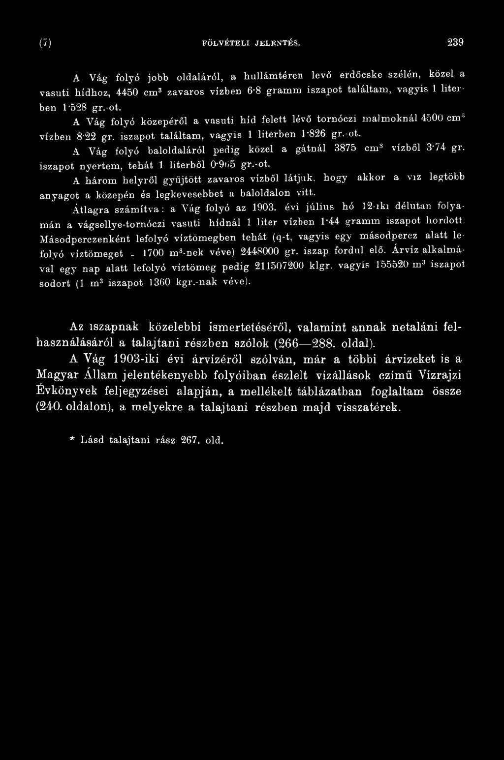A h árom h e ly rő l g y ű jtö tt zavaros v ízb ő l látjuk, h o g y ak k or a v íz legtöb b an yagot a közepén és legkevesebbet a baloldalon vitt. Á tla gra szám ítva: a V á g foly ó az 1903.