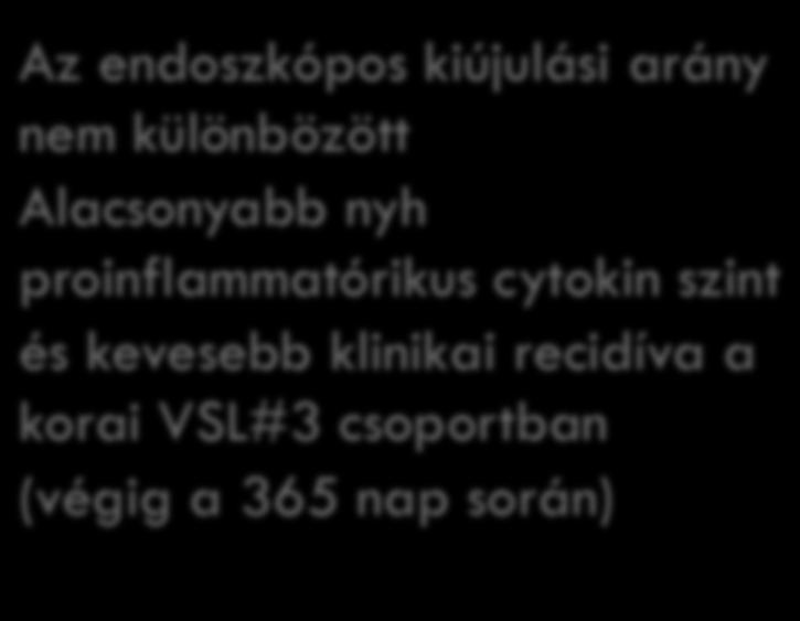 Probiotikumok szerepe postoperative CDben Az endoszkópos kiújulási arány nem különbözött Alacsonyabb nyh proinflammatórikus cytokin szint