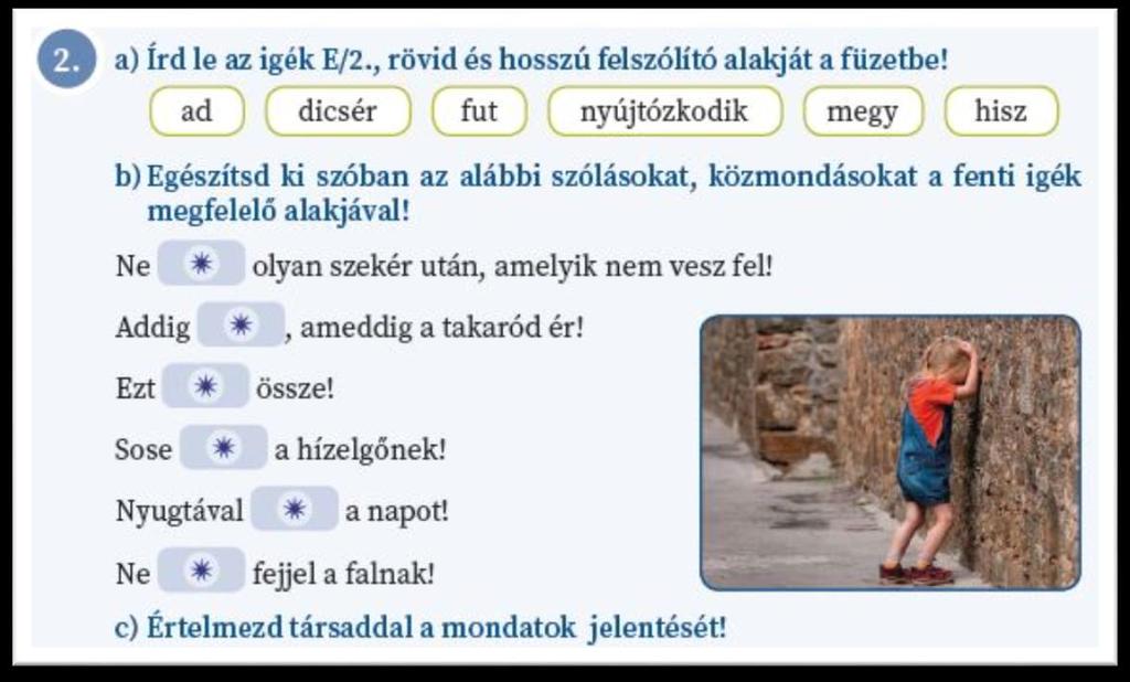 A feladat a) részében az adott igék E/2. rövid és hosszú felszólító alakját kell megalkotni, majd a füzetbe leírni. Ezzel a tanulók az óra témáját adó nyelvi jelenséget gyakorolják.