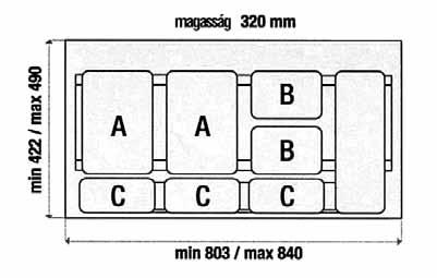 méretre vágható tartóval, kiemelhető tartozékokkal űrtartalom: 16 + 2 x