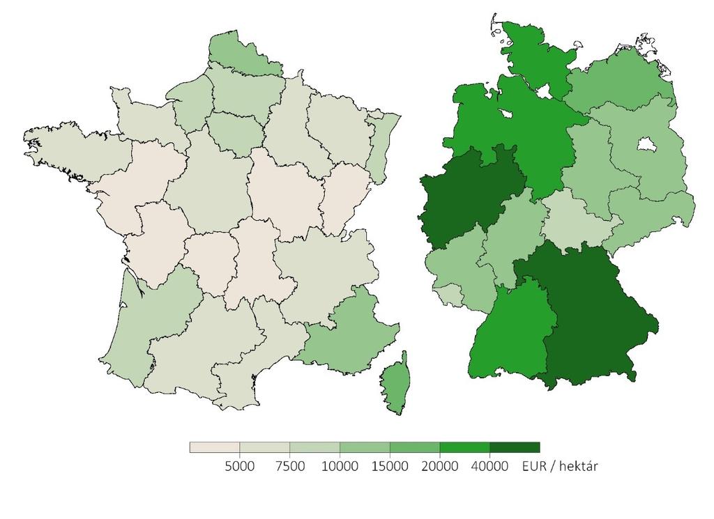 1. ábra: A termőföld átlagos piaci értéke NUTS-2 régiónként Franciaországban és Németországban (2014) Forrás: saját szerkesztés Safer-SSP-Terres d'europe (2015), Statistiches Bundesamt Deutschland