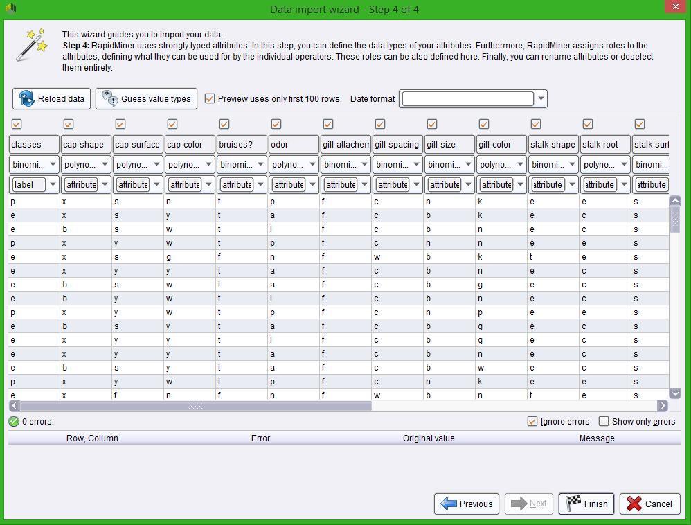 6. ábra: Read CSV operátor wizard 3. lépés Az adatokat valamilyen módon a Rapidminer-nek értelmezhetővé kell tennünk.