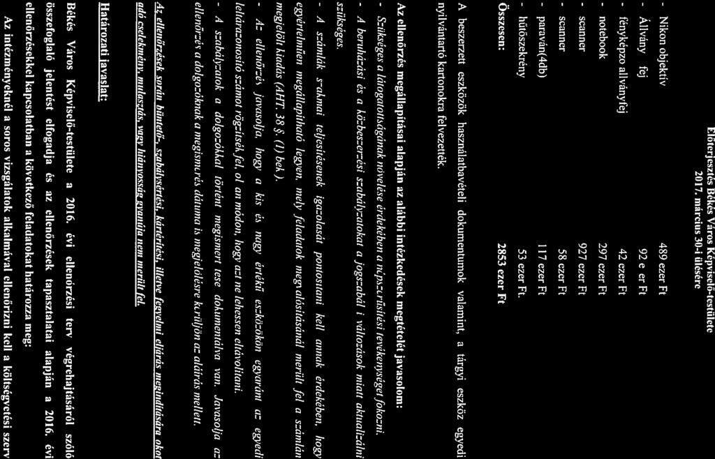 - A Az Előterjesztés Békés Város Képviselő-testülete - Nikon objektiv - Állvány± fej - Fényképzö áliványfej - notebook - scnner - scnner - prván(4db) - hűtöszekrény Osszesen: 489 ezer Ft 92 ezer Ft