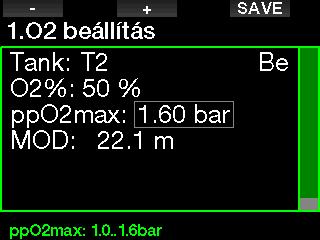 A dekompressziós gázokhoz eltérő ppo 2 értéket lehet beállítani. A ppo 2 maximális határértéke a 2.4 ppo 2 max menüben módosítható. 2.1.