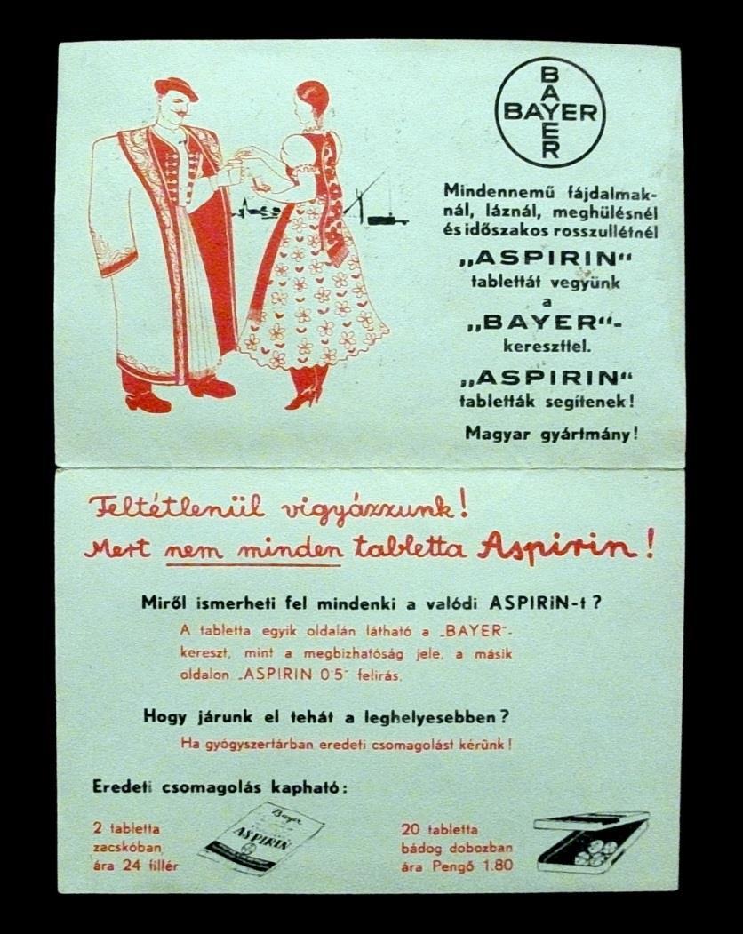Látjuk, hogy az 1930-as évektől a Bayer (és mások is) immáron marketing szempontból hanyagolták a csúzt és a neuralgiát, a reumát meg a többit és ezek helyett immár a jóval gyakoribb fájdalmak és