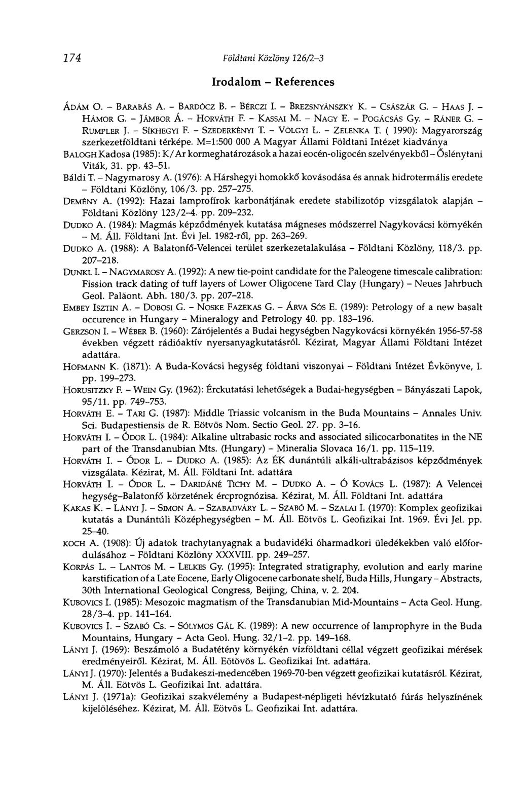 274 Földtani Közlöny 126/2-3 Irodalom - References ÁDÁM O. - BARABÁS A. - BARDÓCZ B. - BÉRCZI I. - BREZSNYÁNSZKY K. - CSÁSZÁR G. - HAAS J. - HÁMOR G. - JÁMBOR Á. - HORVÁTH F. - KASSAI M. - NAGY E.