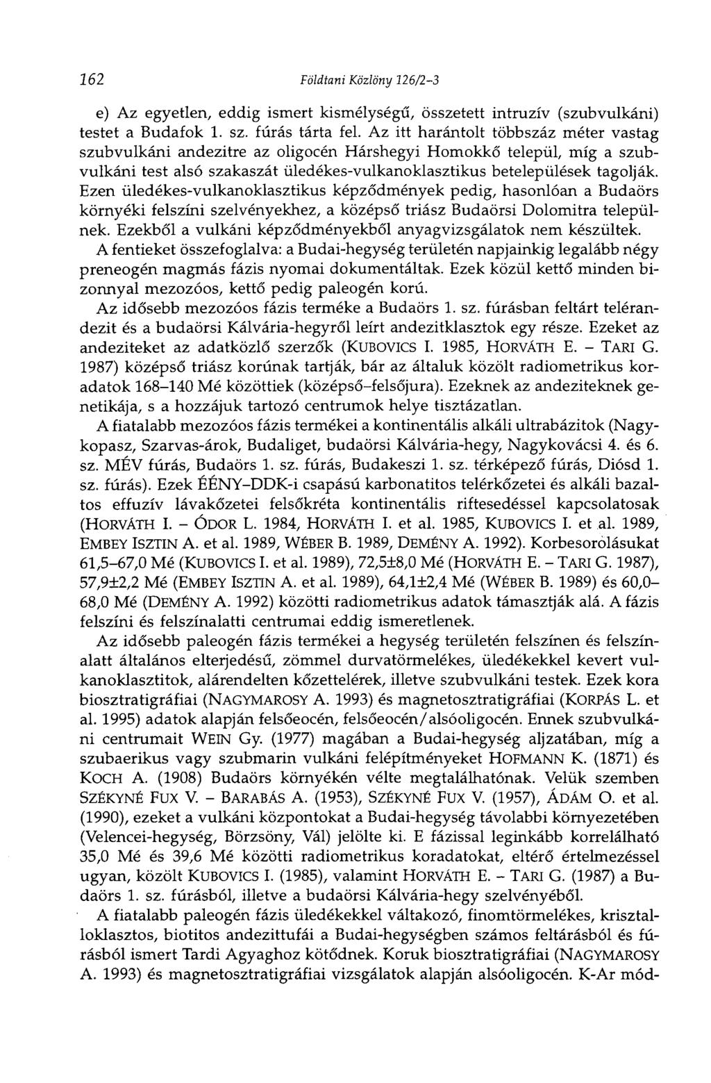 162 Földtani Közlöny 126/2-3 e) Az egyetlen, eddig ismert kismélységű, összetett intruzív (szubvulkáni) testet a Budafok 1. sz. fúrás tárta fel.