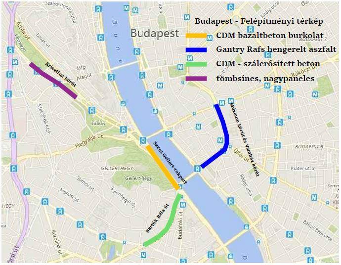 Budapesten négy olyan közúti vasúti szakaszt jártam be, amely vegyes használatú, tehát van közúti forgalom a közúti vasúti pályán. A budapesti felépítményi térképet a 2.
