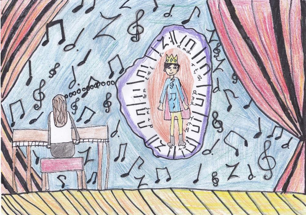 Rajzoljunk zenét! Egy extrakurrikuláris hangverseny képi megjelenésének elemzése 65 7. ábra: Mesék zongorára álmodozás 11 éves lány rajza A 7.