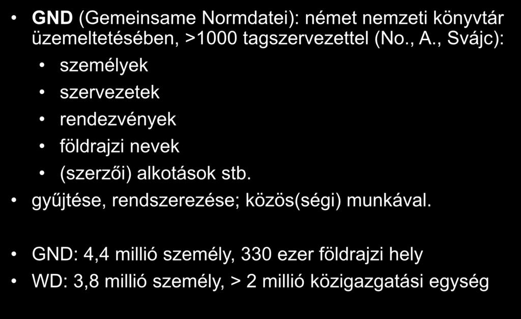 GND GND (Gemeinsame Normdatei): német nemzeti könyvtár üzemeltetésében, >1000 tagszervezettel (No., A.