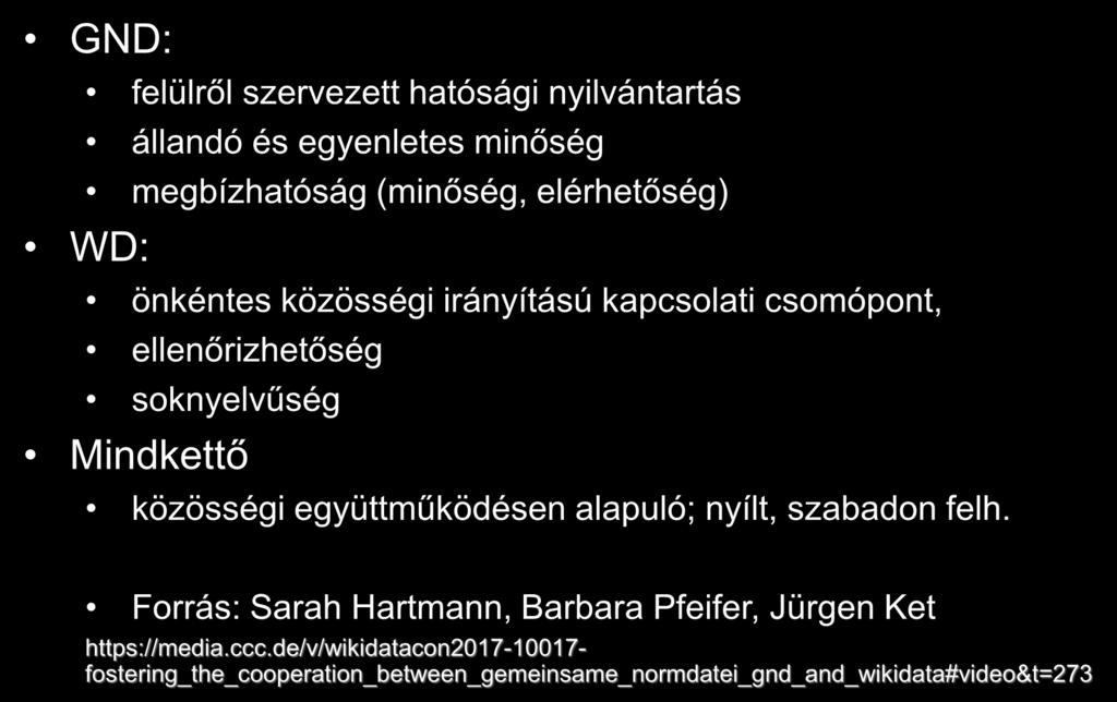 GND GND: felülről szervezett hatósági nyilvántartás állandó és egyenletes minőség megbízhatóság (minőség, elérhetőség) WD: önkéntes közösségi irányítású kapcsolati csomópont, ellenőrizhetőség