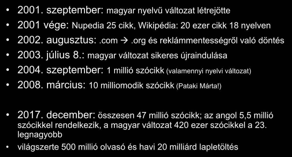 A Wikipédia története 2001. szeptember: magyar nyelvű változat létrejötte 2001 vége: Nupedia 25 cikk, Wikipédia: 20 ezer cikk 18 nyelven 2002. augusztus:.com.