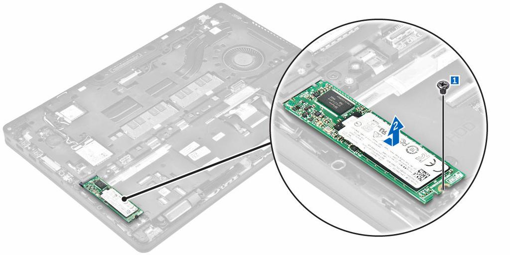 Az opcionális PCIe SSD meghajtó beszerelése 1. Helyezze az SSD kapcsot a számítógépben lévő foglalatba. 2. Húzza meg a csavart, amely az SSD kapcsot a számítógéphez rögzíti. 3.