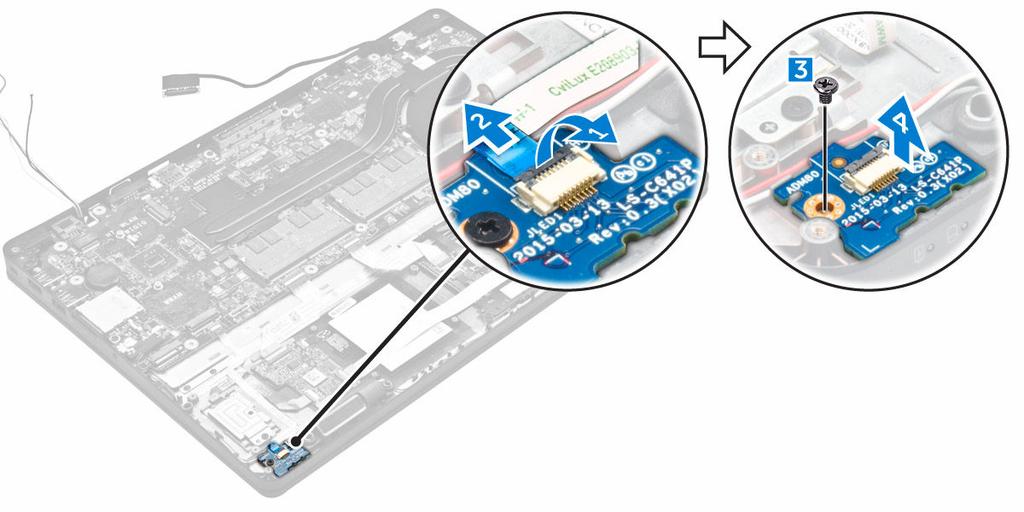 a. Csatlakoztassa le a LED panel kábelét a LED panelen lévő csatlakozójáról [1, 2]. b. Távolítsa el a csavarokat, amelyek a LED panelt a számítógéphez rögzítik [3]. c. Emelje ki a LED panelt a számítógépből [4].