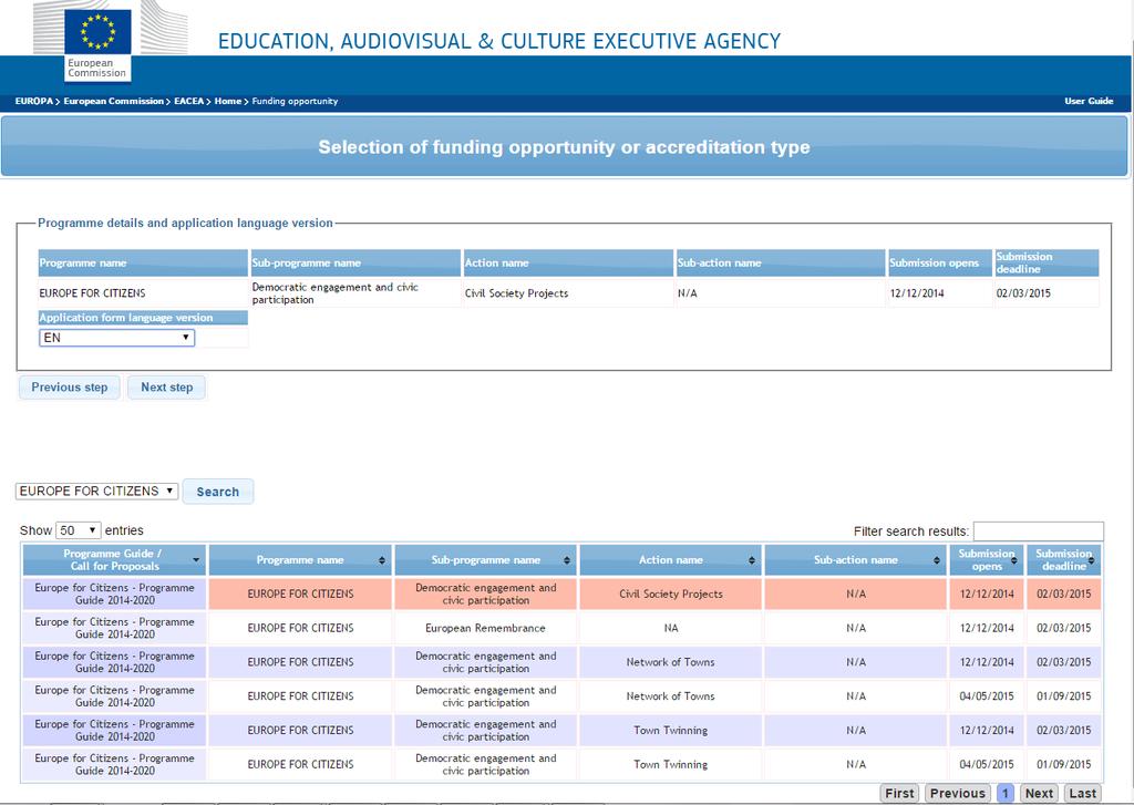 4. lépés: Az űrlap nyelvének kiválasztása A legördülő menüből az Application form language version résznél válassza ki, milyen nyelven szeretné létrehozni az elektronikus pályázati űrlapot (milyen