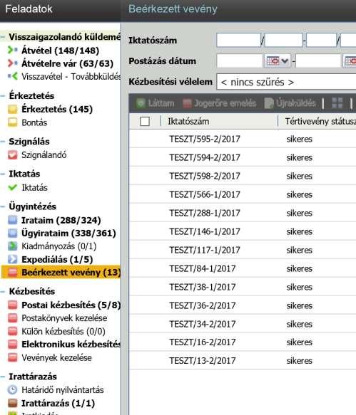 Elektronikus kézbesítés Az expediálás után a küldemény nem kerül automatikusan kiküldésre. Az irat a Feladtok\Kézbesítés\Elektronikus kézbesítés menüpontba kerül.