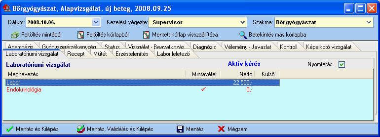 Eredmények bevitelekor a csoport kibontásra kerül, és az elemi vizsgálatokhoz írhatjuk be az eredményeket. Ekkor az eredmények megjelennek a kórlapon is.