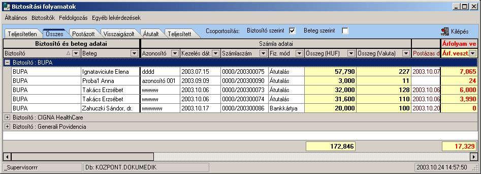 Az összes aktuálisan látható sor csoportosításra kerül biztosítónként. A biztosító csoportok szürke sorokban jelennek meg.