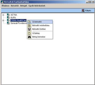 A biztosítok karbantartási ablakban található egy lista, amely tartalmazza az összes biztosítót, és a hozzá rendelt betegeket.