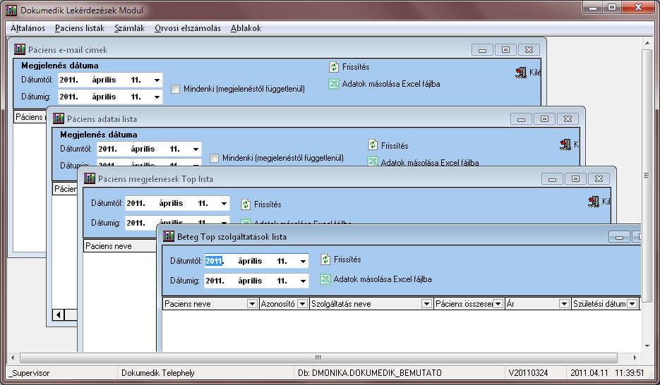13. Lekérdezések program Lekérdezések program tartalmazz alapvető listákat (páciens adatok, számla adatok, statisztikák stb.) amiket Excel fájl formában ki lehet exportálni.