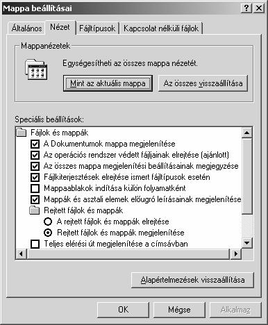 Operációs rendszerek FÁJLOK KITERJESZ- TÉSÉNEK MEGJELENÍTÉSE A fájlok kiterjesztésének megjelenítéséhez vagy eltűntetéséhez lépjünk be az Eszközök menübe, és adjuk ki a Mappa beállításai parancsot.