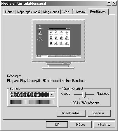 KÉPERNYŐ FELBONTÁS, SZÍNMÉLYSÉG ÉS FRISSÍTÉSI FREKVENCIA BEÁLLÍTÁSA Az Ikonok megjelenítése az összes lehetséges színben jelölőnégyzet bekapcsolása esetén a Windows megpróbálja a Munkaasztalon