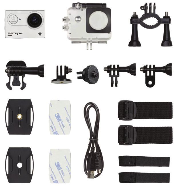 A doboz tartalma 1. Kitvision 4K akciókamera 2. 30 m mélységig vízálló tok 3. Kerékpárkonzol 4. Konzolrögzítő elem 5. Akciókamera ¼"-os állványcsavar-adapter 6.