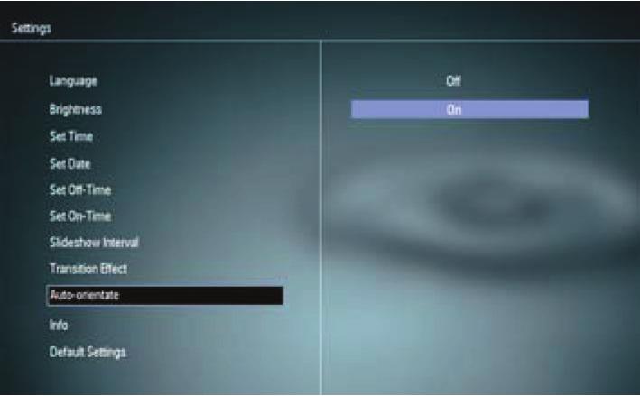 Automatikus elforgatás beállítása Az automatikus elforgatás funkció segítségével a fényképek a PhotoFrame vízszintes/függőleges elhelyezésétől függően mindig helyes állásban jelenhetnek meg.