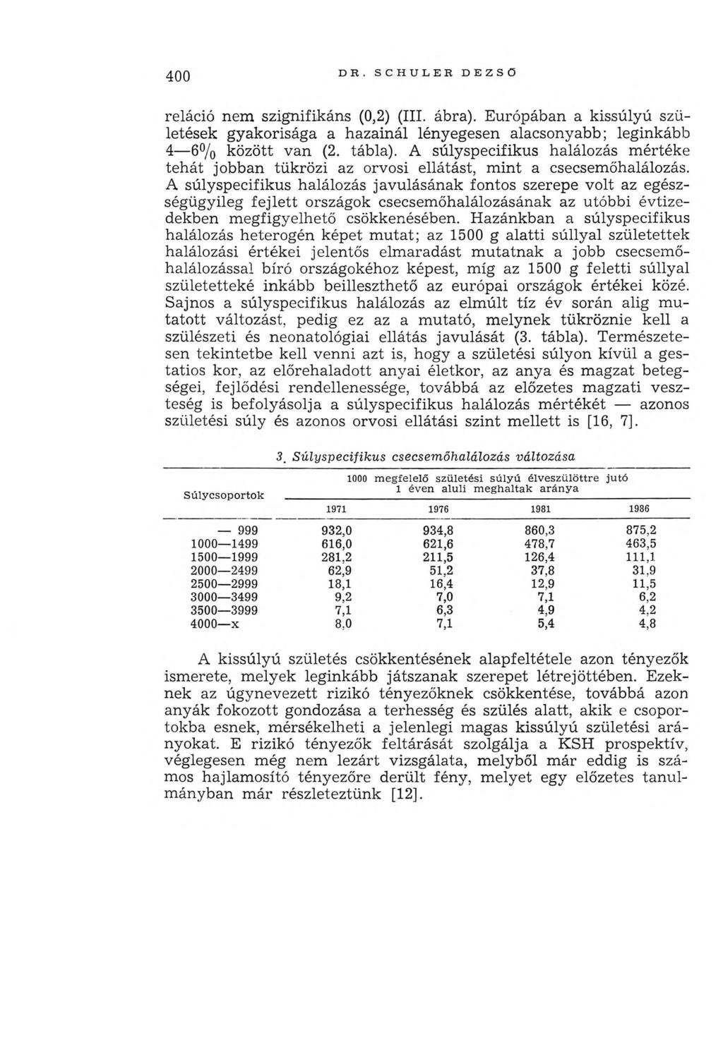 400 DR. SCHULER DEZSŐ reláció nem szignifikáns (0,2) (III. ábra). Európában a kissúlyú születések gyakorisága a hazainál lényegesen alacsonyabb; leginkább 4 6% között van (2. tábla).