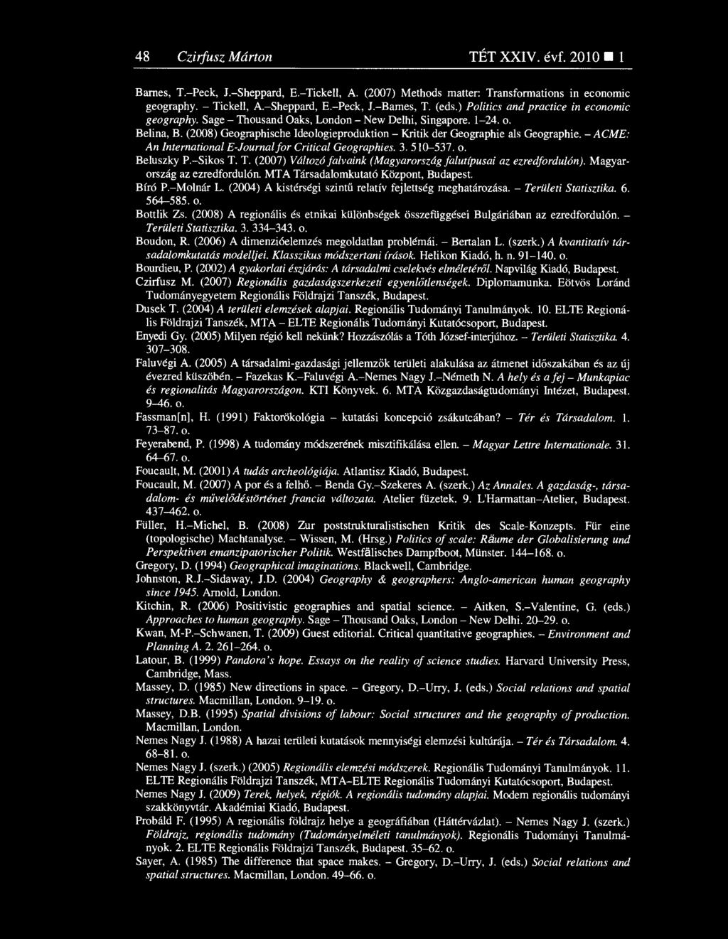 - ACME: An International E-Journal for Critical Geographies. 3.510-537. o. Beluszky P.-Sikos T. T. (2007) Változó falvaink (Magyarország falutípusai az ezredfordulón). Magyarország az ezredfordulón.
