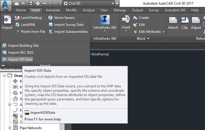 3. Shapefájlok megnyitása AutoCAD Civil 3D szoftver segítségével Az AutoCAD Civil 3D támogatja a shapefájlok megnyitását, az Insert (Beszúrás) lapon található Import GIS Data paranccsal hozható elő a