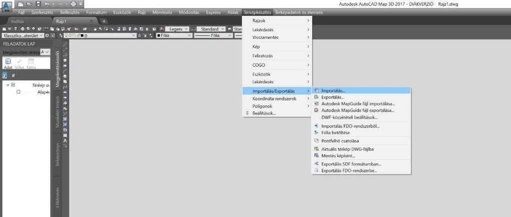 Import funkció helye a Klasszikus Map munkaterületen: A munkaterület átállítása után válasszuk a Térképkészítés legördülő menüben az Importálás/Exportálás