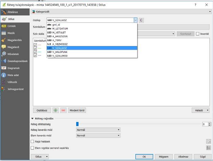 Példa: a letöltött állomány vonalas elemeket tartalmazó rétegének megjelenítése kategorizáltan szállított közeg szerint 1. Nyissuk meg a kijelölt réteg tulajdonságait és kattintsunk a Stílus gombra.