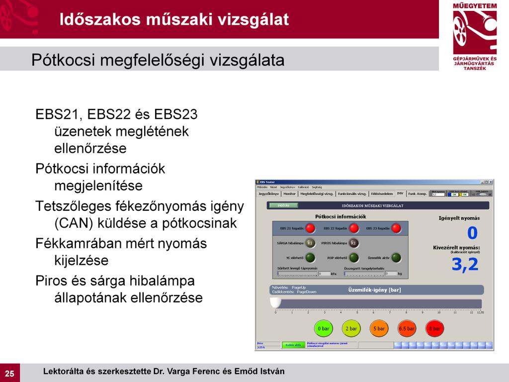 A pótkocsi időszakos műszaki vizsgálata során az EBS Tester motoros járműként viselkedik a rácsatlakoztatott pótkocsi számára és szabvány szerint küldi az EBS11 és EBS12 üzeneteket a pótkocsi felé.