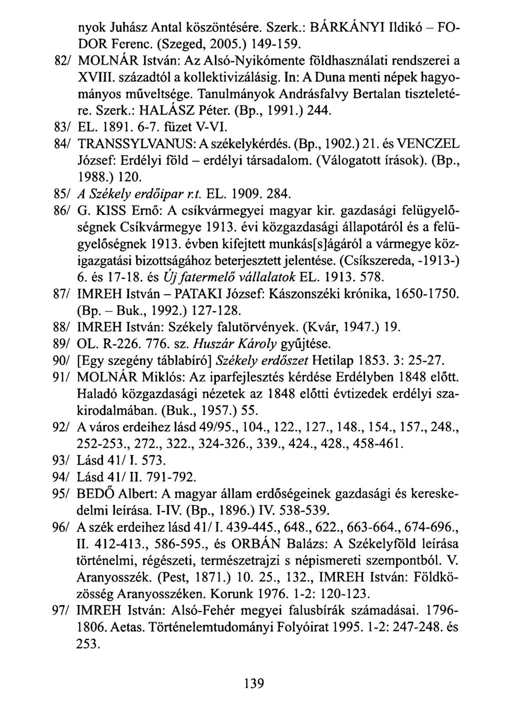nyok Juhász Antal köszöntésére. Szerk.: BÁRKANYI Ildikó - FO DOR Ferenc. (Szeged, 2005.) 149-159. 82/ MOLNÁR István: Az Alsó-Nyikómente földhasználati rendszerei a XVIII.