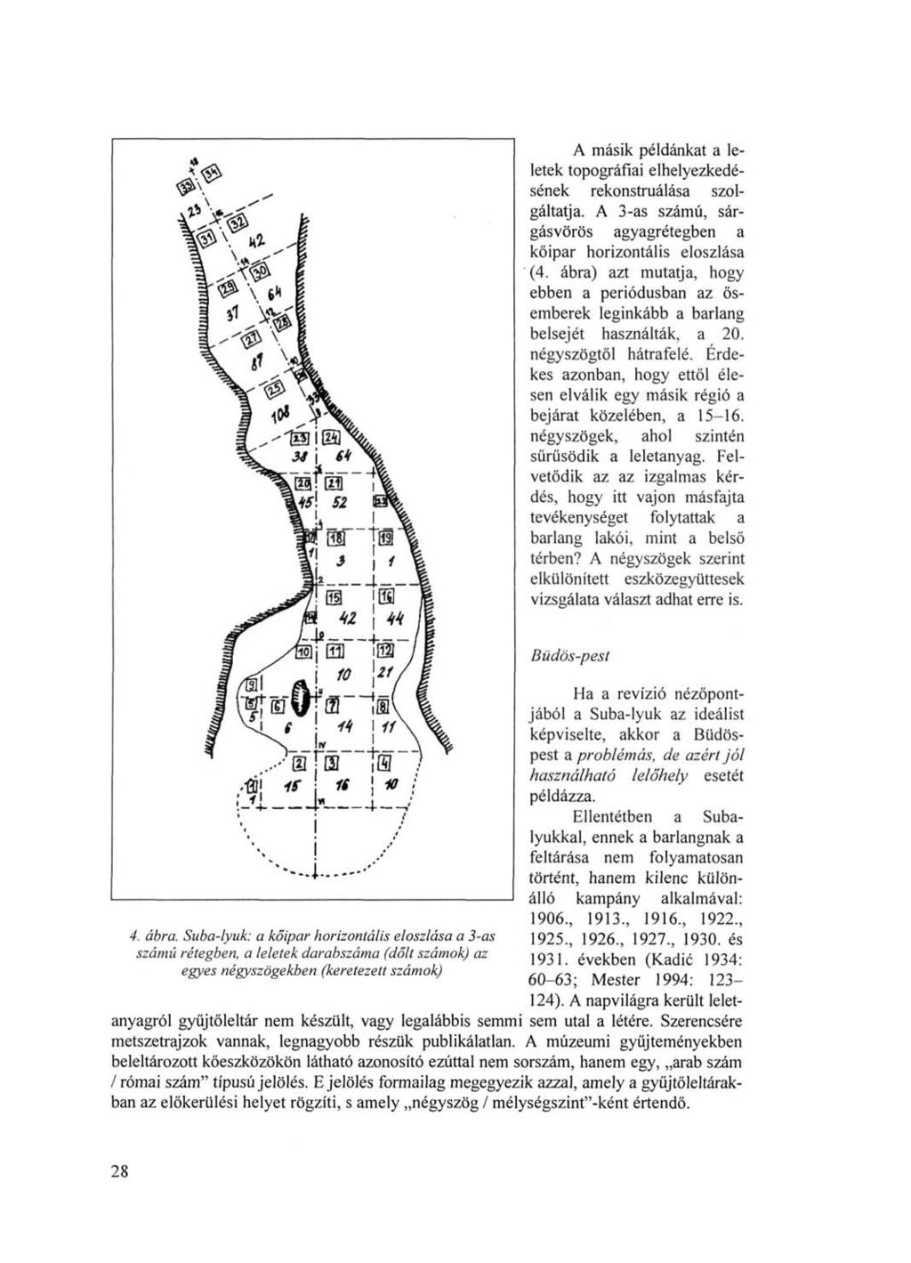 A másik példánkat a leletek topográfiai elhelyezkedésének rekonstruálása szolgáltatja. A 3-as számú, sárgásvörös agyagrétegben a kőipar horizontális eloszlása (4.