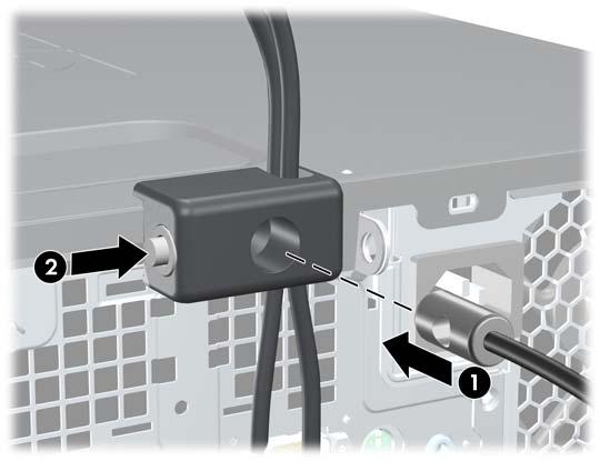 4. Helyezze a biztonsági kábel bedugható végét a zárba (1), és a gomb benyomásával kapcsolja össze a zárat (2). A zár a mellékelt kulccsal nyitható.