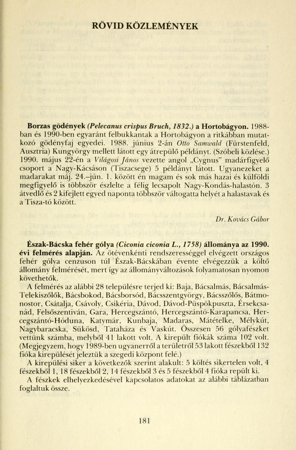 RÖVID KÖZLEMÉNYEK Borzas gödények (Pelecanus crispus Bruch, 182.) a Hortobágyon. 1988- ban és 1990-ben egyaránt felbukkantak a Hortobágyon a ritkábban mutatkozó gödényfaj egyedei. 1988. június 2-án Otto Samwald (Fürstenfeld, Ausztria) Kungyörgy mellett látott egy átrepülő példányt.