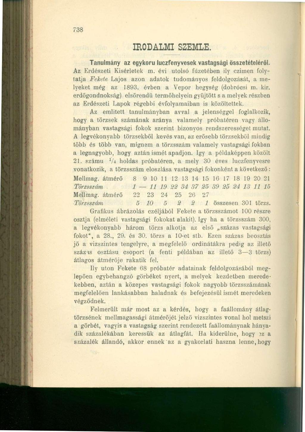 738 IRODALMI SZEMLE. Tanulmány az egykorú luczfenyvesek vastagsági összetételéről. Az Erdészeti Kísérletek m.