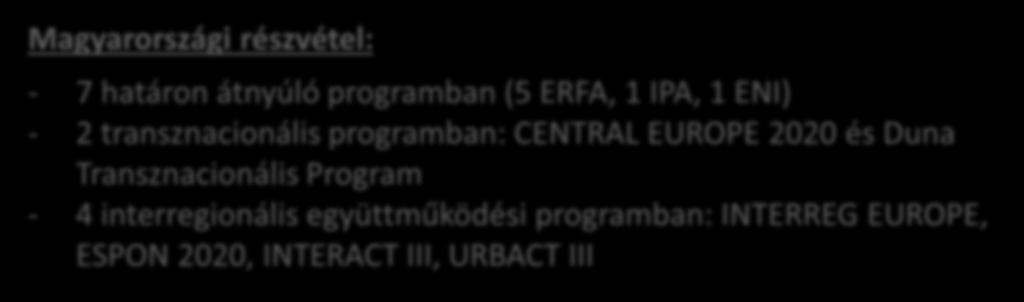 7 határon átnyúló programban (5 ERFA, 1 IPA, 1 ENI) - 2