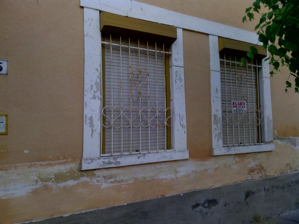 Az utcai homlokzat vakolt, festett. A teljes homlokzati felület, a lábazat és a falazat az ablakok parapetjéig a falazatban felszálló víz miatt jelentősen károsodott.