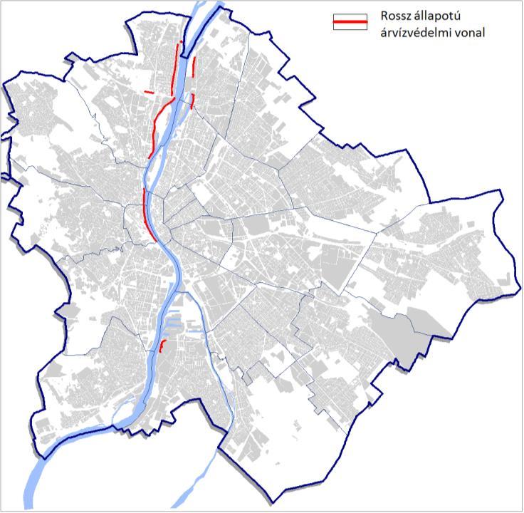 73. ábra: Rossz állapotú árvízvédelmi védvonalak, 2010. (Adatforrás: FCSM) Az elsőrendű védvonalak Budapesten három kategóriába sorolhatók: partfal, földmű, magaspart.