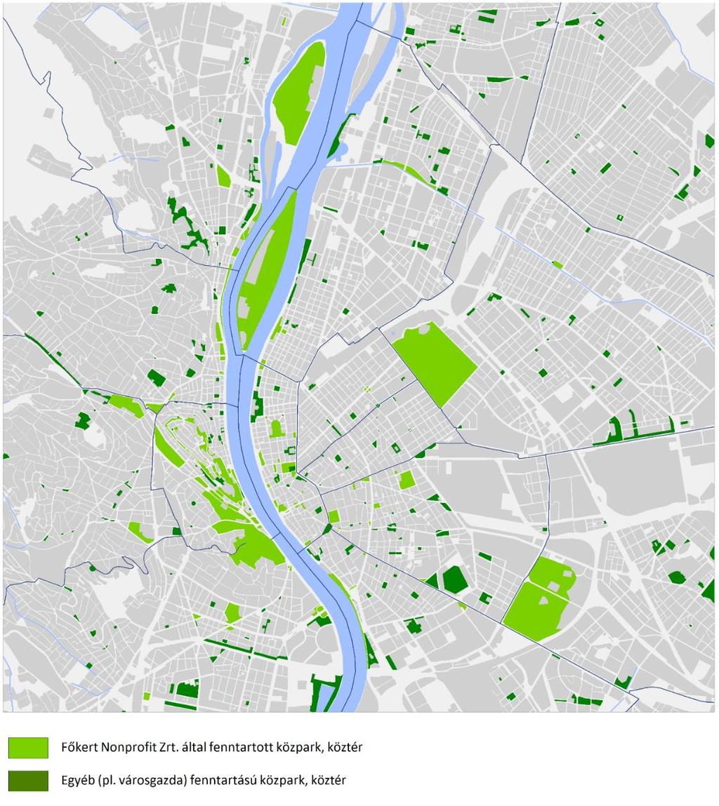 104. ábra: Közparkok, közterek a belső zónában a zöldterület fenntartója szerint megkülönböztetve, 2016 Közkertek, közparkok Budapest Főváros Önkormányzata a kiemelt közcélú zöldterületekről szóló