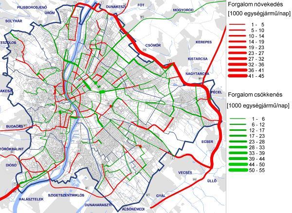 60. ábra: A főhálózat 2007. évi és 2011. évi forgalomterhelése közötti eltérések (Adatforrás: Budapest 2030.